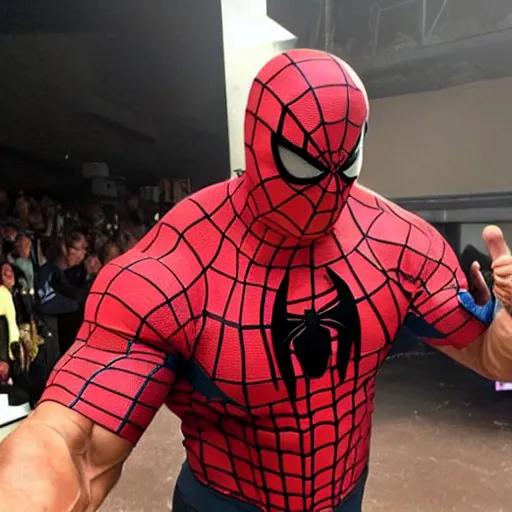 Image similar to dwayne johnson promo on ring wearing spiderman costumes