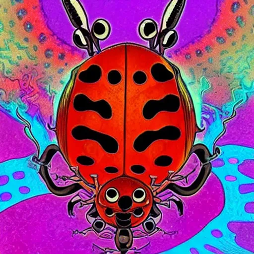 Prompt: ladybug as a monster, psychedelic art style, scary atmosphere, nightmare - like dream