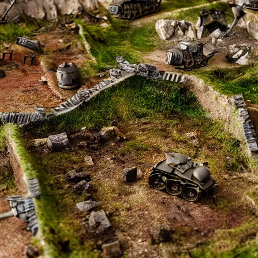 Prompt: photograph of a diorama of a battlefield, tanks and trenches, ruins, bokeh, macro photography