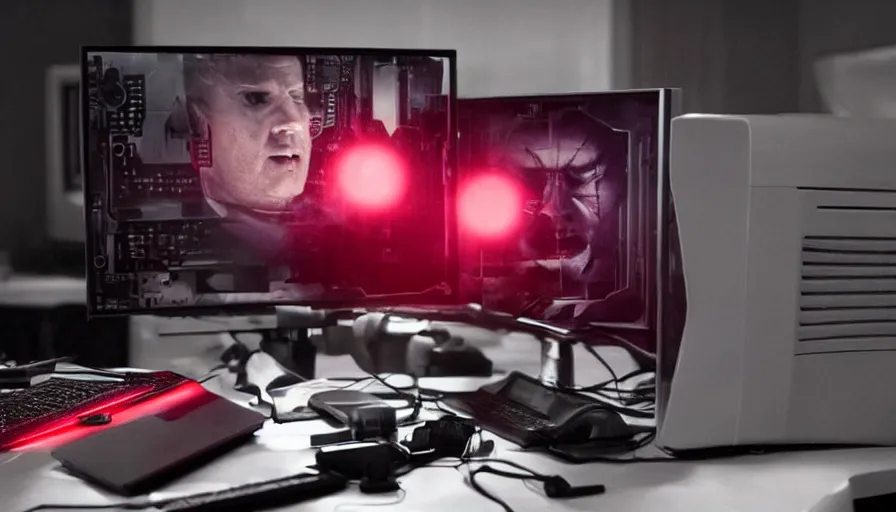 Image similar to big budget action movie about an evil scientist using a computer, a red glow is coming from the screen