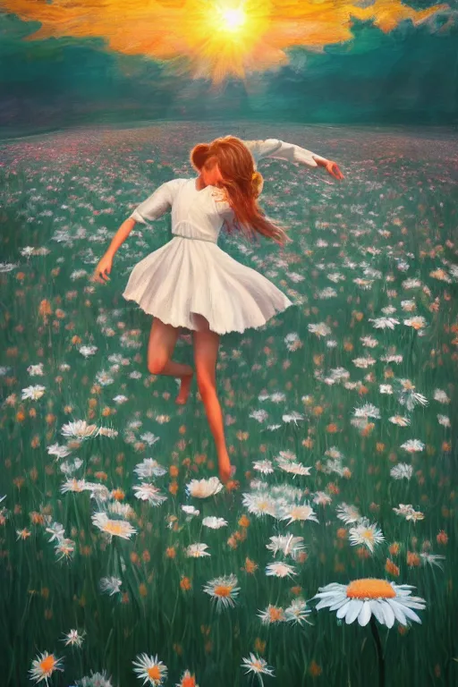 Prompt: giant white daisy flower over head, girl dancing in a flower field, surreal photography, sunrise, dramatic light, impressionist painting, colorful clouds, digital painting, artstation, simon stalenhag