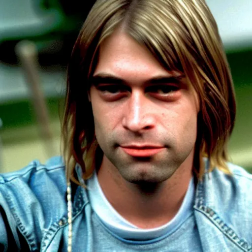 Prompt: close - up of kurt cobain as the character slater in the movie dazed & confused, movie still frame, promotional image, imax 7 0 mm footage