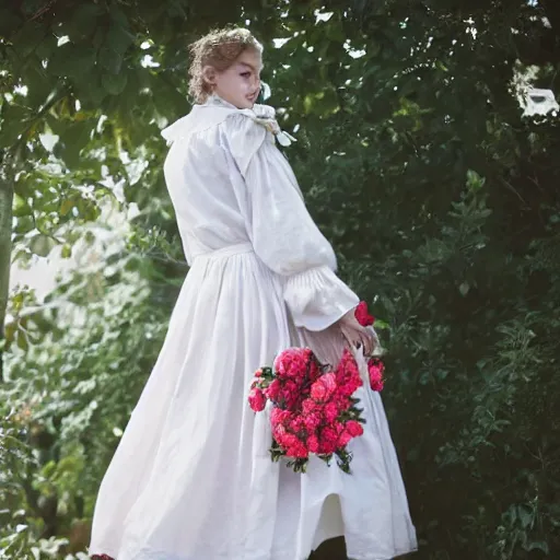 Prompt: a wonderful lady dressed with a large and decorate majestic roses and cream cotton dress that is coming from the ocean, dramatic light, octane--8k