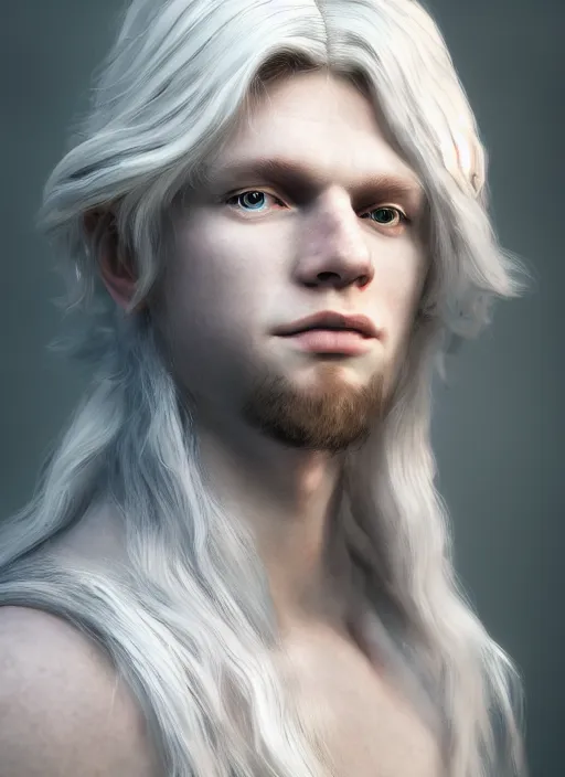 Prompt: An epic fantasy comic book style portrait painting of a pale albino androgynous prince with long fluffy curly blond hair and delicate sharp glass angled features, unreal 5, DAZ, hyperrealistic, octane render, cosplay, RPG portrait, dynamic lighting