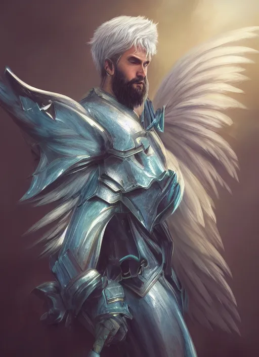 Image similar to comic book style portrait painting of an aasimar paladin, male, big angel wings on back, silver hair, short brown beard, d & d concept art, unreal 5, daz, teal aesthetic, octane render, cosplay, rpg portrait, dynamic lighting