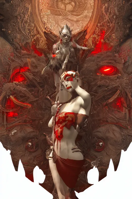 Image similar to zoom in 3 d render of demon with red face in church holding birds, ornaments, mucha vibe, dieselpunk, solarpunk, artstation, andrei riabovitchev