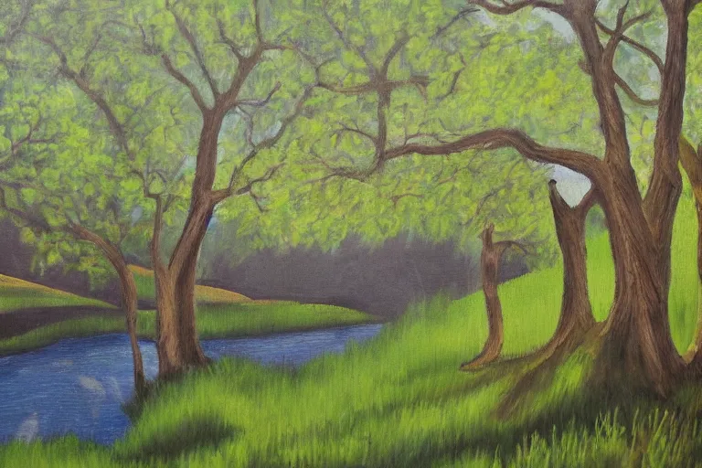 Image similar to masterpiece painting of oak trees on a hillside overlooking a creek, dramatic lighting, by alayna danner