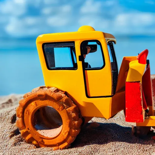 Prompt: bulldozer toy sunbathing on the beach, depth of field, very detailed, bulldozer, holiday vibe, photo style, ultra realistic