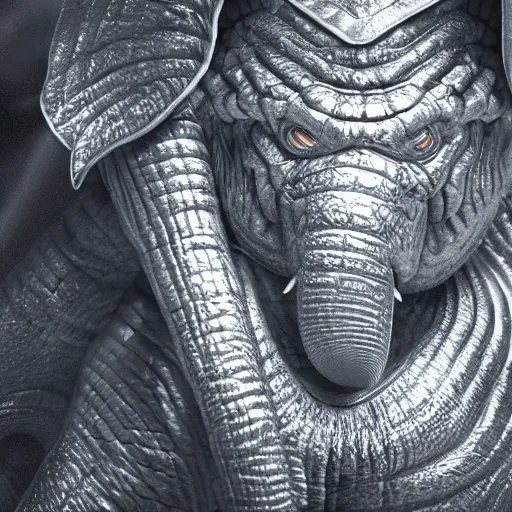 Prompt: evil silver bubble screaming elephant kaiju, cinematic, epic scale, hyper detailed, photorealistic, rule of thirds, 8 k.