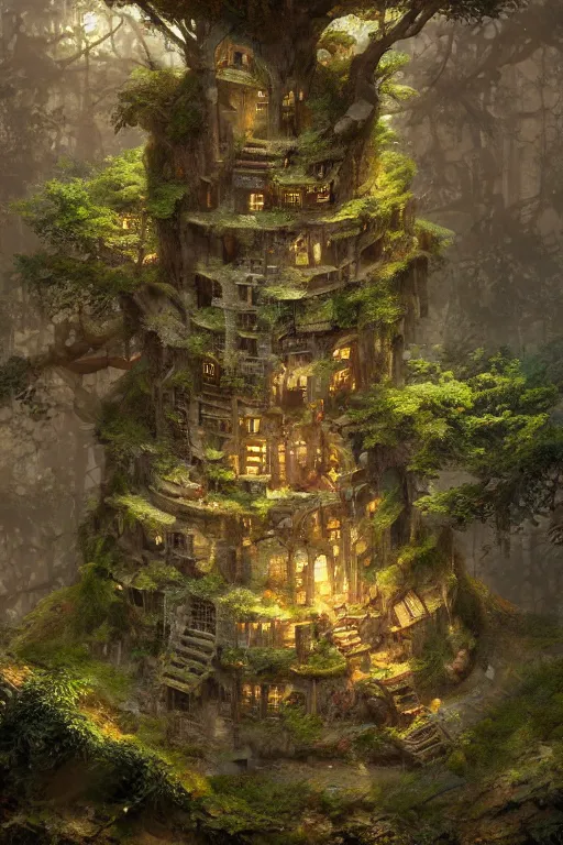 Image similar to a miniature city built into the trunk of a single colossal tree in the forest, with tiny people, in the style of craig mullins, lit windows, close - up, low angle, wide angle, awe - inspiring, highly detailed digital art