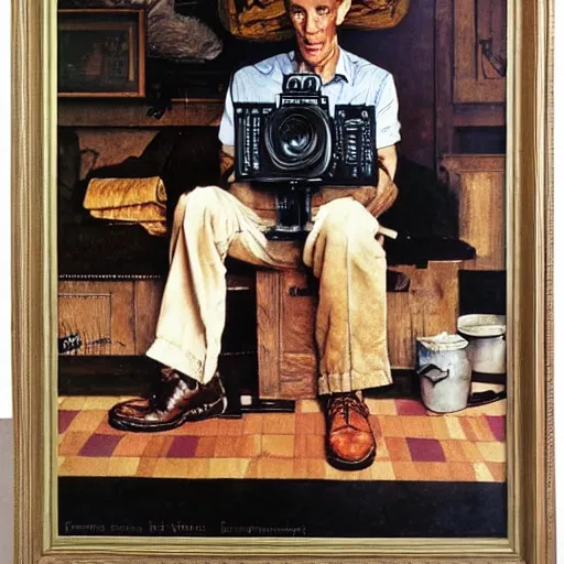 Image similar to norman rockwell painting of a man holding a large television - video - camera