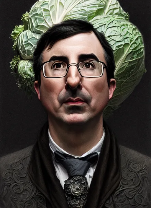 Image similar to a portrait of john oliver and a cabbage, stoic, fantasy, intricate, elegant, beautiful, highly detailed, charcoal, centered, dark, smokey, digital painting, artstation, concept art, smooth, sharp focus, illustration, art by artgerm and greg rutkowski and alphonse mucha