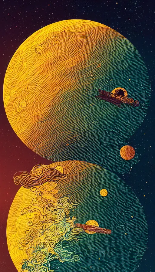 Image similar to harvest copper moon floating on cosmic maelstrom sky at sunset, futurism, dan mumford, victo ngai, kilian eng, da vinci, josan gonzalez