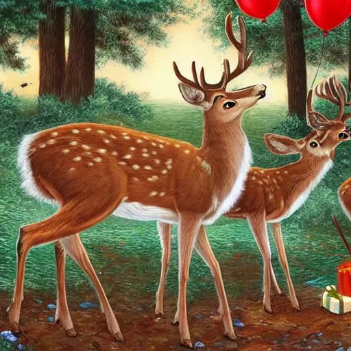 Image similar to three deers having a cool birthday party, photo, highly detailed