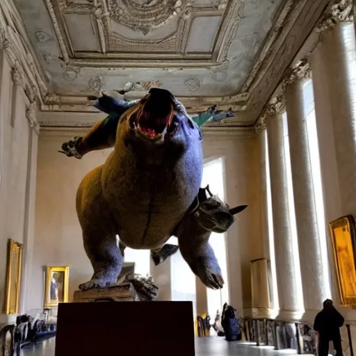 Image similar to bad taxidermy Blastoise on display at the Louvre Museum, wide angle lens