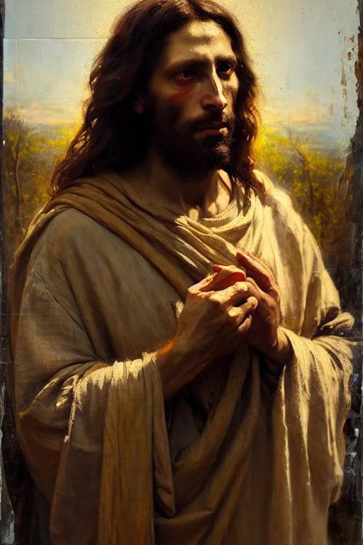 Image similar to photograph imax and solomon joseph solomon and richard schmid and jeremy lipking victorian loose genre loose painting full length portrait painting of jesus