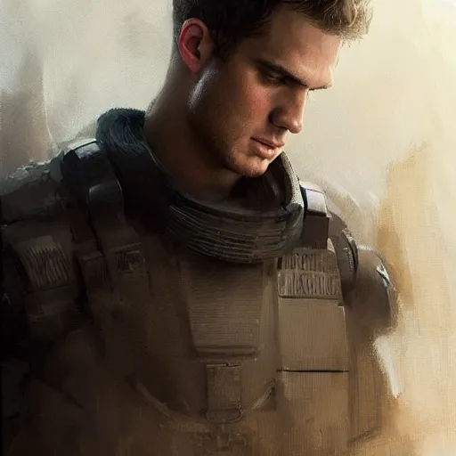 Image similar to “Portrait of Henry William Dalgliesh Cavill by Greg Rutkowski, he is about 20 years old, norwegian, short blond hair, young, manly, attractive, strong, older brother vibes, he is wearing futuristic military fatigues, highly detailed portrait, scifi, digital painting, artstation, concept art, smooth, sharp foccus ilustration, Artstation HQ”