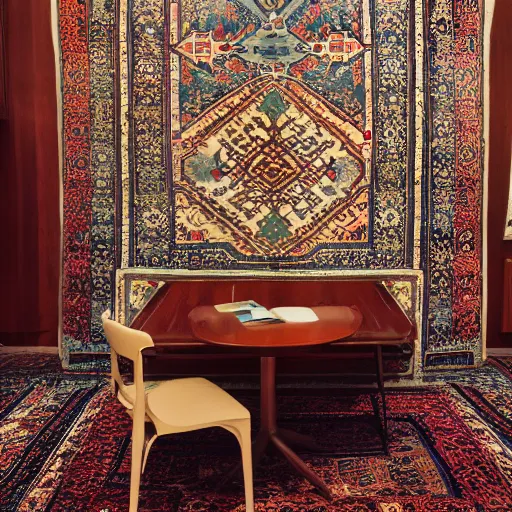 Image similar to a room with a chair, a table, a speaker and a persian carpet, unsplash, postminimalism, aesthetic, cluttered