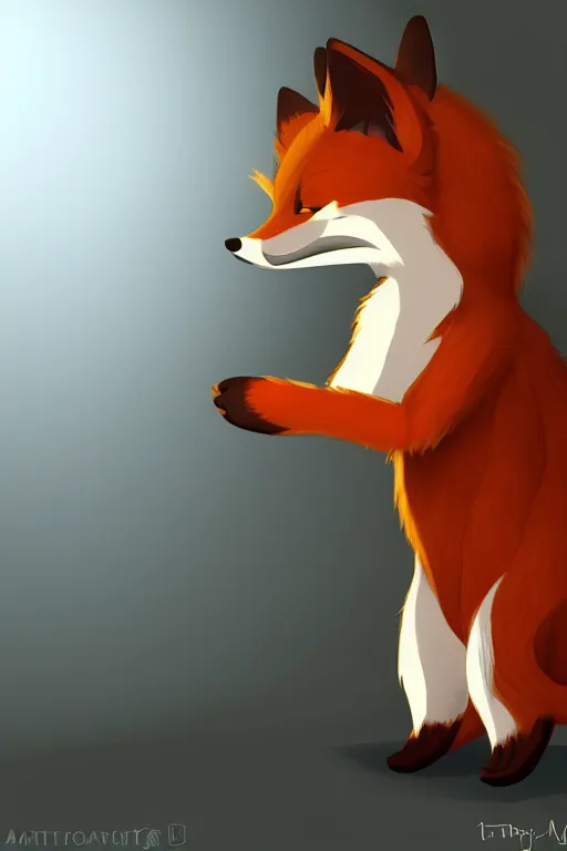 Image similar to an anthropomorphic fox with a fluffy tail wearing a vest, backlighting, trending on artstation, digital art, furry art, trending on furaffinity, cel shaded