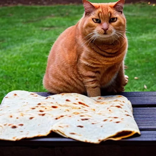 Image similar to photograph of a very fat cat sitting on a parkbench surrounded by burrito wrappers