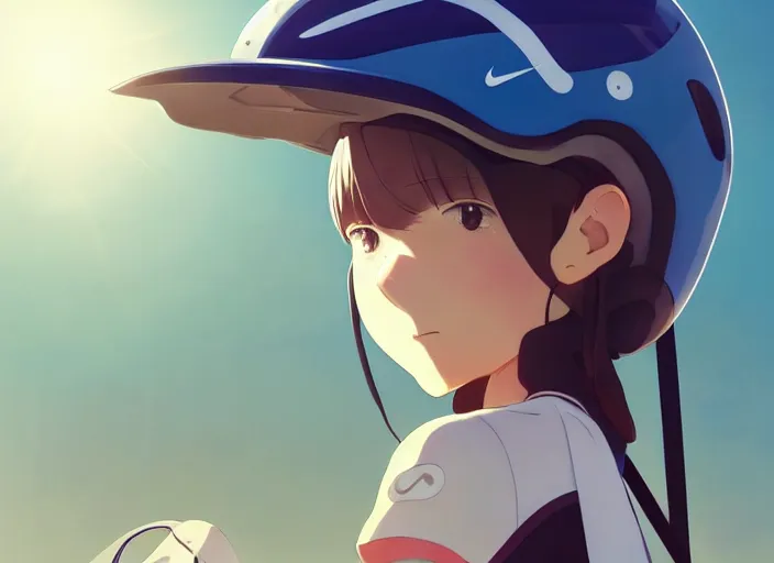 Prompt: portrait of cute girl riding road bike, sunny sky background, lush landscape, illustration concept art anime key visual trending pixiv fanbox by wlop and greg rutkowski and makoto shinkai and studio ghibli and kyoto animation, symmetrical facial features, sports clothing, road bike helmet, nike cycling suit, backlit, aerodynamic frame