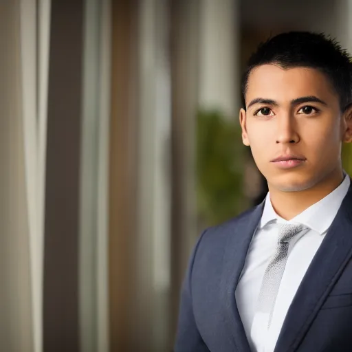 Image similar to angelic Peruvian young man, corporate portait, headshot, profile