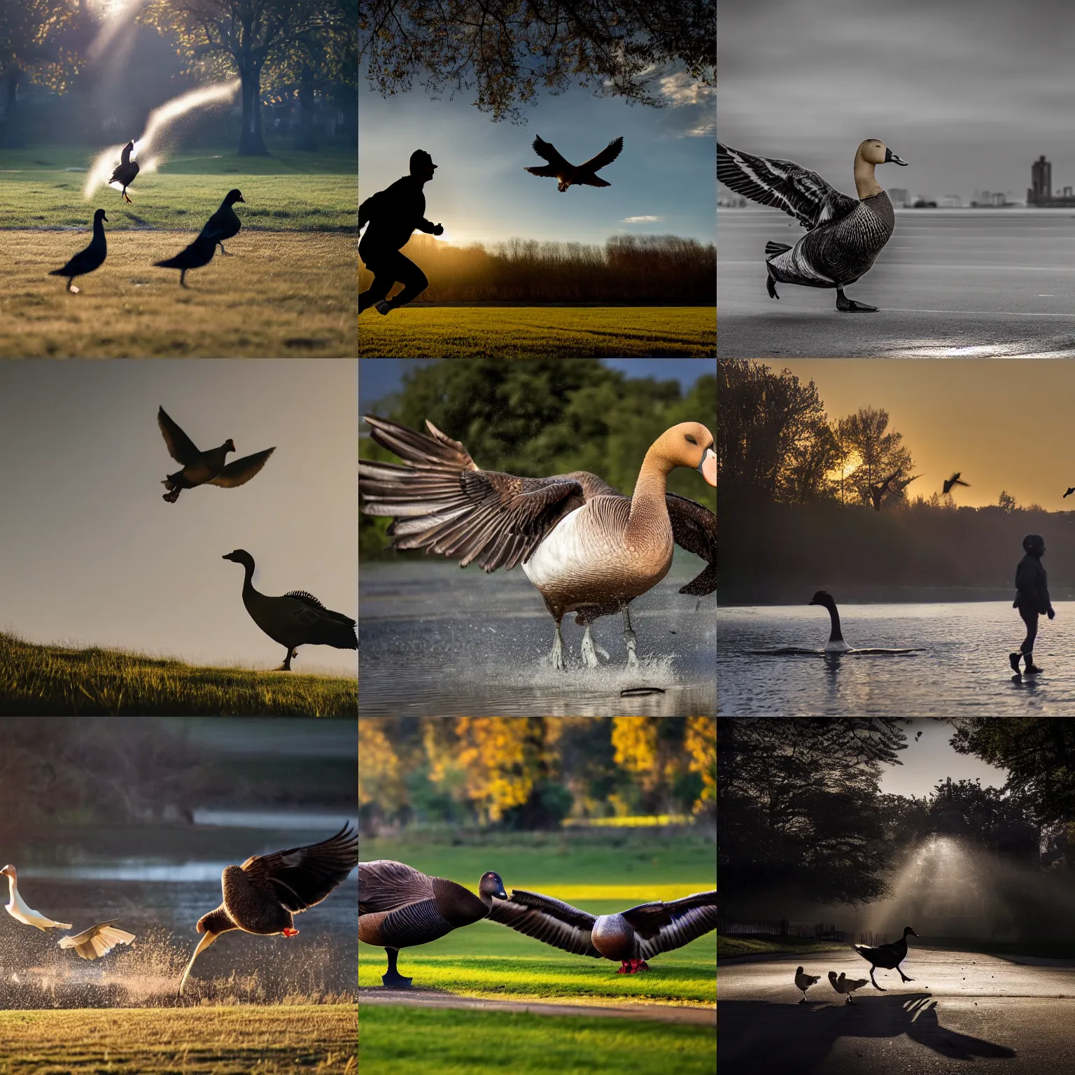 Prompt: Person chased by a giant goose, dramatic lighting high quality award winning 4k photograph