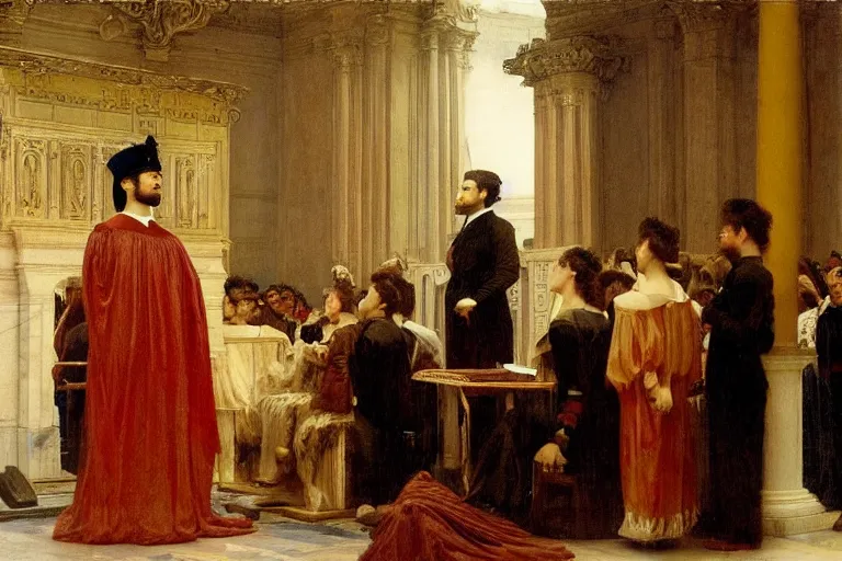 Prompt: flamboyant king giving a speech before his dubious court | fairy tale | Jules Joseph Lefebvre