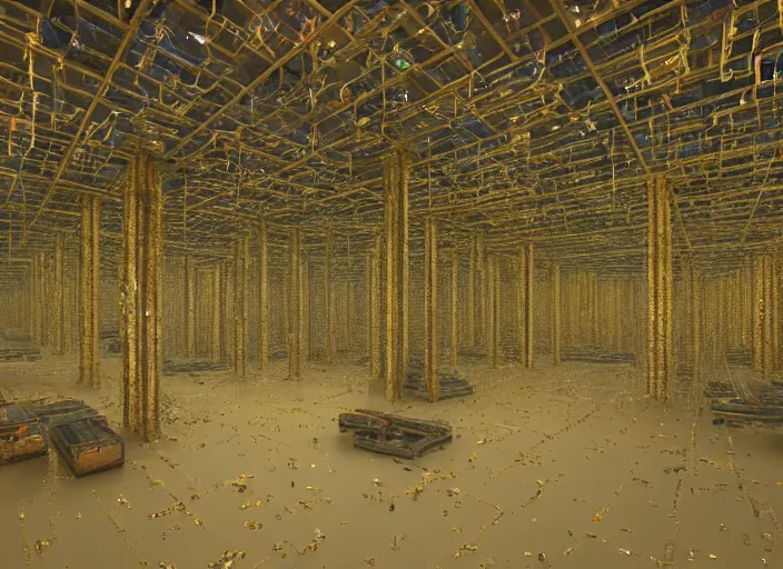 Image similar to rustic yet enormous SCP (Secure, Contain, Protect) agency interior with infinite rows of giant iridescent alien artifacts suspended in cylindrical containers made of gold and quartz by Simon Stalenhag, Zdiszlaw Beksinski, inspired by Control the game, mysterious, eeriewave, hyperdetailed, dramatic camera angle with focus on infinity, octane render 8k