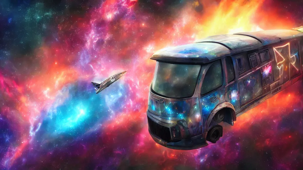 Image similar to a photorealistic concept art of a space van flying in front of a nebula, siny metal, graffiti on the side, epic, star wars style, 4 k hd wallpaper, premium prints available, hyper realistic, bright iridescent light, legendary, trending on artstation