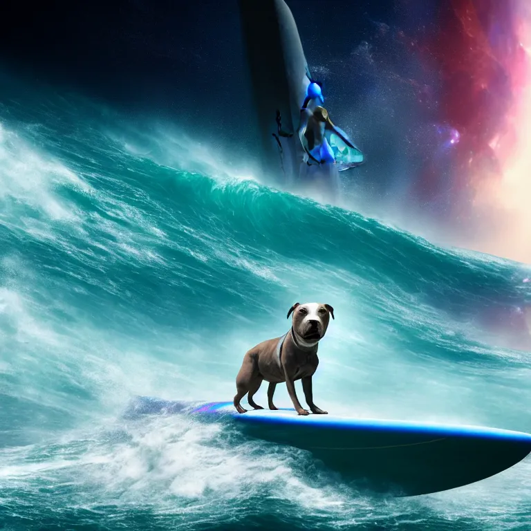 Image similar to photo of a gray coat pit bull with white paws, surfing on a surfboard in a crashing wave of alien ocean in space, background is an alien galaxy, aliens in the background, alien colors, octane render, unreal engine, wide view, 8 k, high detaild