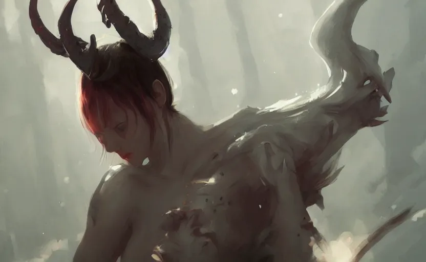 Image similar to a painting of aki trending on artstation in the style of greg rutkowski, beautiful, sensual, natural, demon horns