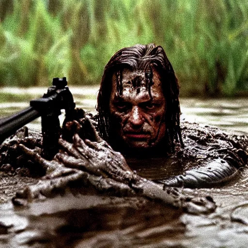 Prompt: film still of hungarian prime minister viktor orban as major dutch, covered in mud and hiding from the predator predator predator in swamp scene in 1 9 8 7 movie predator, hd, 4 k