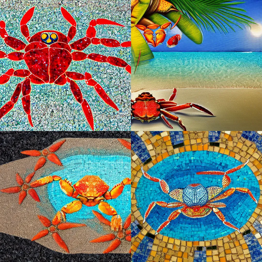 Prompt: mosaic of a tropical beach with a crab on the sand