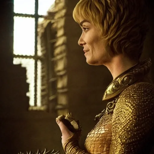 Prompt: “Cersei Lannister, petting her dragon”