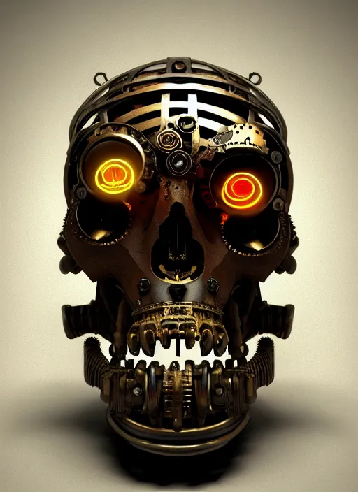 Prompt: steampunk mechanical skull with glowing emissive eyes hyperrealistic emissive beautfiul artstation portfolio trending Ryan Church concept mist cyberp unk 2077 hardsurface modeling