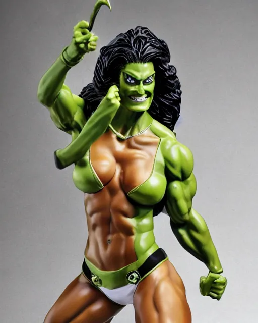 Image similar to cu of a maquette sculpture of angie harmon as the sensational she hulk, she is wearing a silk lace white top and a purple skirt, she is tall, very fit and extremely muscular, she has green skin all over her body, long black shiny hair, hyperreal, highly detailed, in the style of sideshow collectibles, the hulk, marvel, soft focus, bokeh