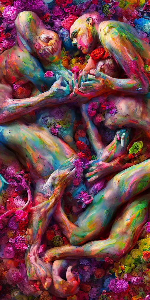 Prompt: a surrealist sculpture human bodies intertwined, a lovely cornucopia of flowers and human body parts, body parts, paint pour, swirling paint colors, highly detailed, octane render, cinematic