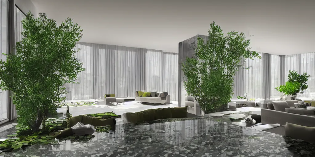 Prompt: new york penthouse designed by Geoffrey Bawa, greenery, small pond, granite floor, concept, octane rendering