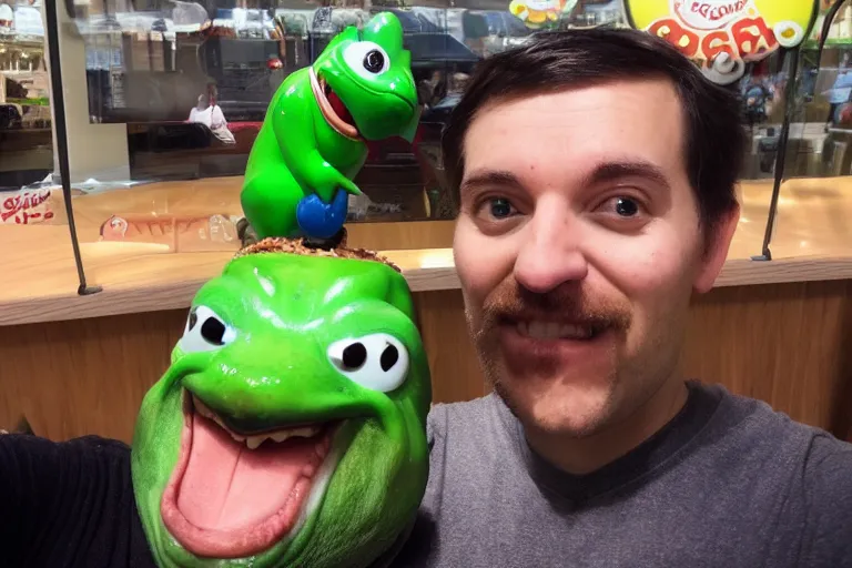 Image similar to I took a selfie with the corporate mascot of fast food chain frog burger, selfie photography, 55mm