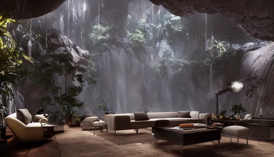 Image similar to a futuristic apartment interior in the style of a waterfall cave, plants, tiger skin carpet high ceiling, dark moody lighting, foggy atmosphere, 16mm lens, by craig mullins, octane rendering