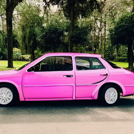 Image similar to a pink car parked in a ping garage