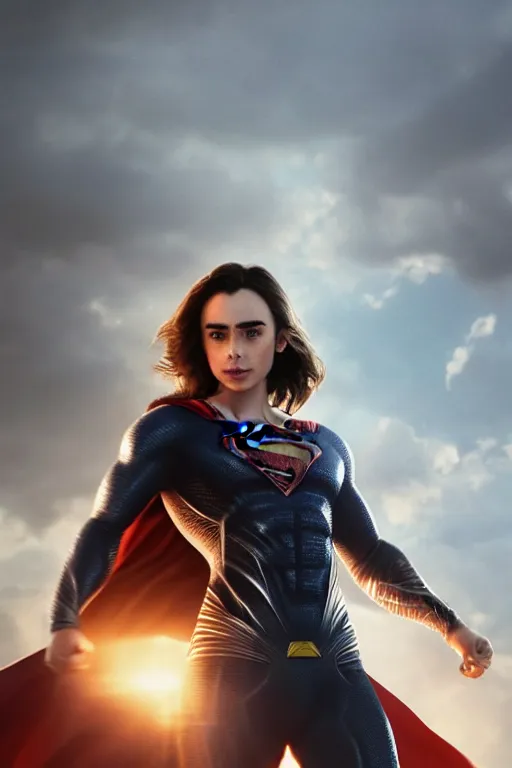 Prompt: a potrait of Lily Collins as Man of steel by Greg Rutkowski, Sung Choi, Mitchell Mohrhauser, Maciej Kuciara, Johnson Ting, Maxim Verehin, Peter Konig, 8k photorealistic, cinematic lighting, HD, high details, dramatic, trending on artstation, full body shot