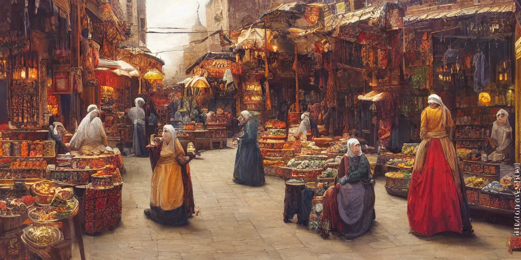 Image similar to Highly detailed romantic period oil painting of a Middle Eastern bazaar, strong atmosphere, oil painting masterpiece by Josep Tapiró Baró, symmetry, fractals