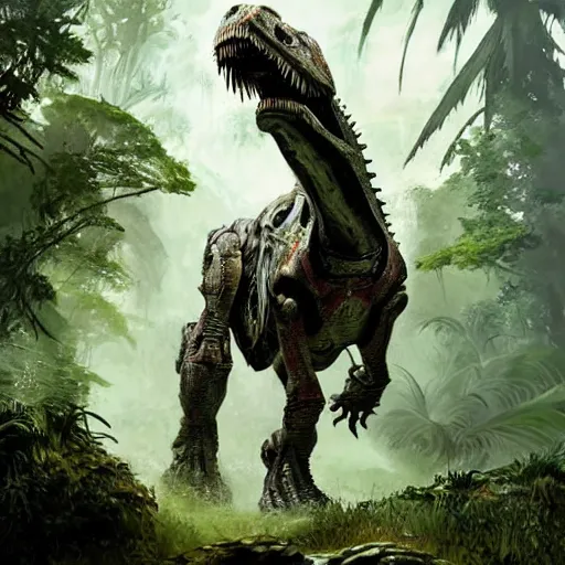 Image similar to A part cyborg part dinosaur hybrid of a T-Rex strolling along a lush green forest from the playstation 5 game Horizon Zero Dawn world, half cyborg T-Rex, sci-fi concept art, highly detailed, oil on canvas by James Gurney