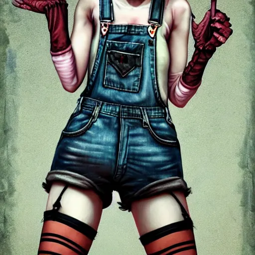 Image similar to full body pose, grungy alice, torn overalls, short shorts, lace gloves, combat boots, fishnets, beautiful, highly detailed face, true anatomy!, extremely detailed!, digital painting, unreal engine 5, art by tom bagshaw