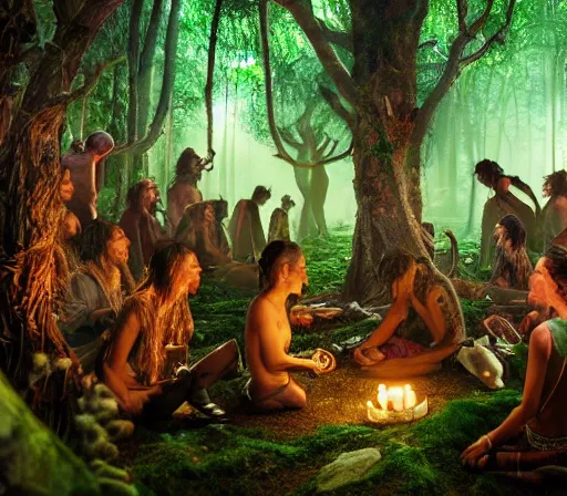 Prompt: a shamanic gathering of a tribe in a magical forest, spiritual connection with the forest, extreme detail, sharp focus, 8 k, intricate, hyper detailed, cinematic lighting