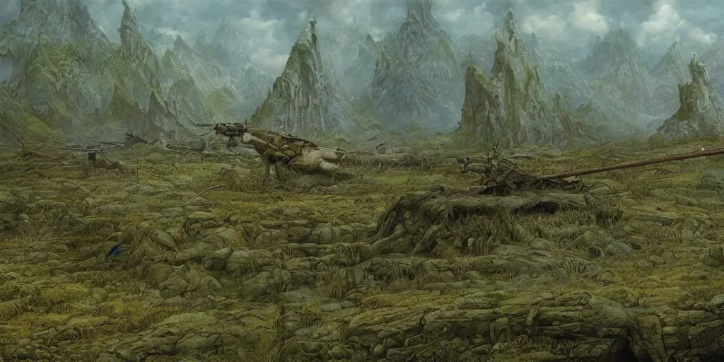 Image similar to Artwork by John Howe of the cinematic view of Hunting Grounds of the Unspeakable