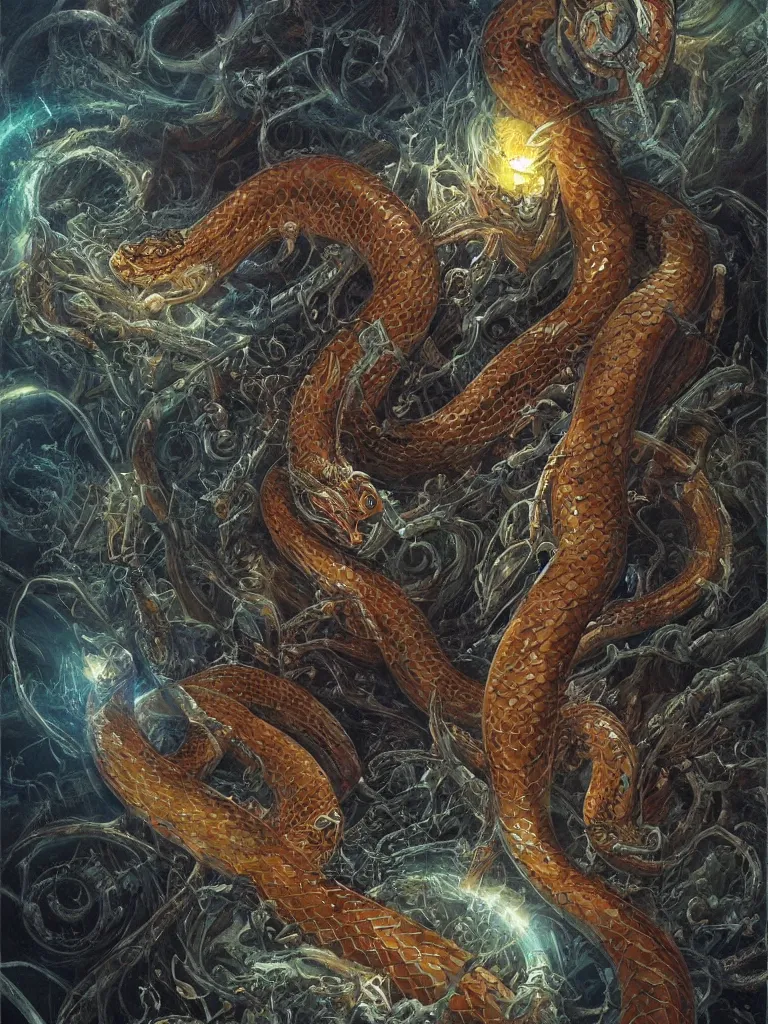 Image similar to ultradetailed painting of a slithering serpent, chaotic primordial scene, volumetric lighting, tarot card by Karol Bak