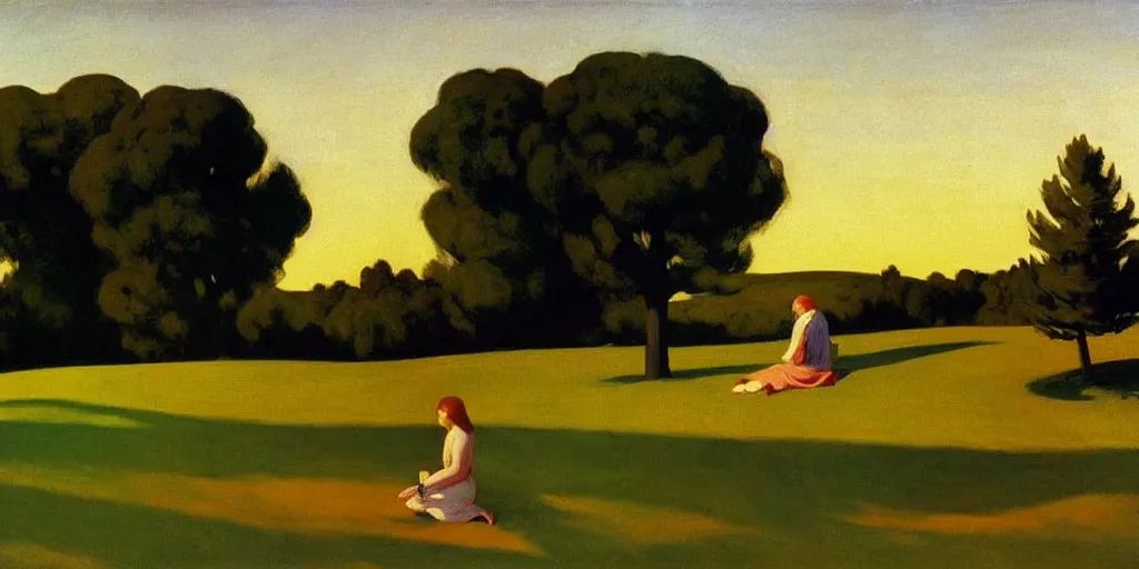 Prompt: killing biblical Matthew with a scream on a pleasant meadow with trees and bushes, at the sunset, art by Edward Hopper